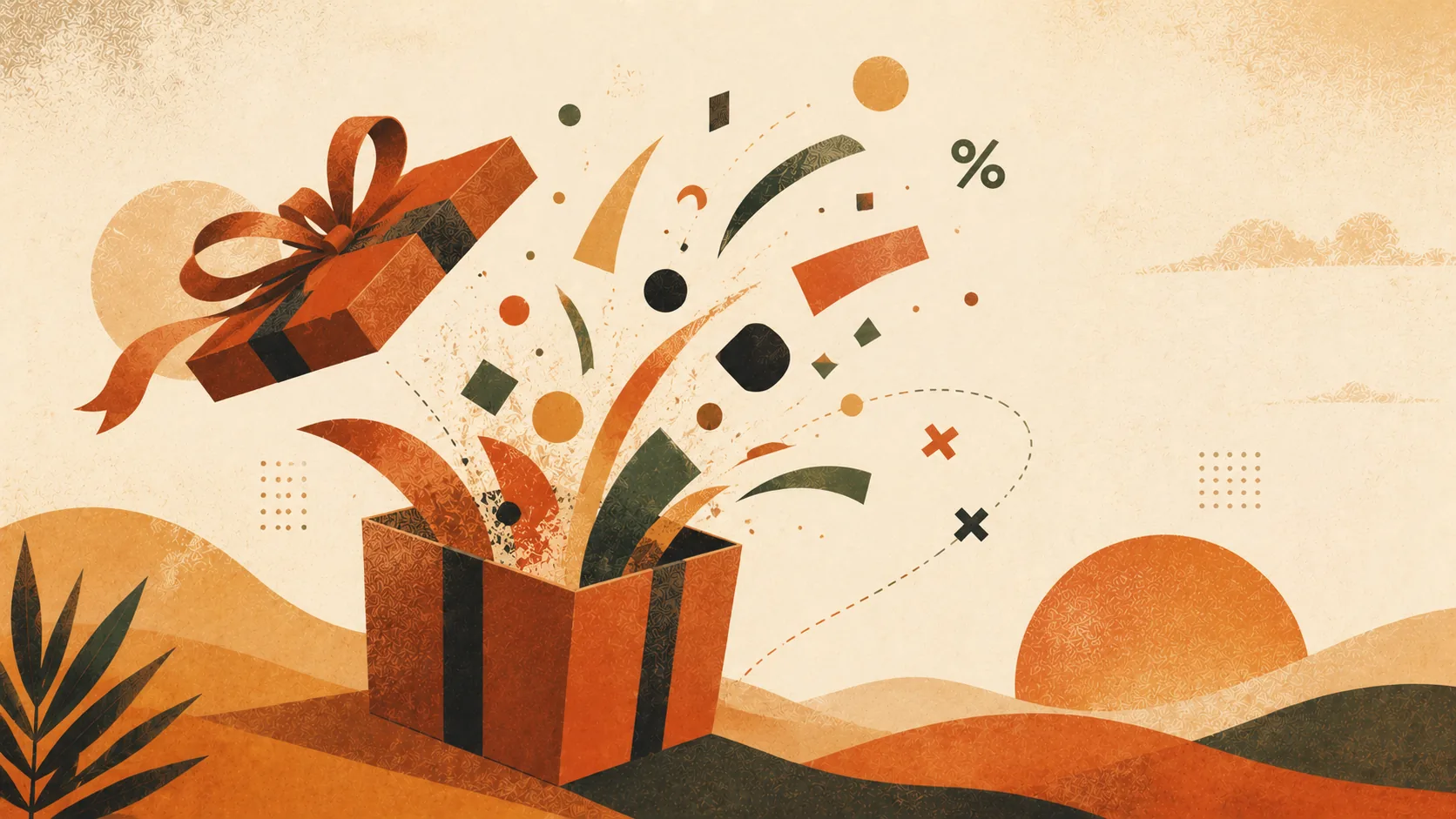 Ilustração editorial — caixa de presente terracotta a abrir-se com formas geométricas e símbolos de percentagem e multiplicação a saltar, representando avaliação matemática de bónus de casino