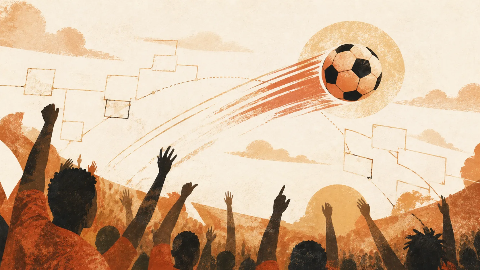 Ilustração editorial — bola de futebol como cometa em chamas a atravessar céu africano, com chaves de torneio em forma de quadrados e silhuetas de adeptos a celebrar com braços no ar