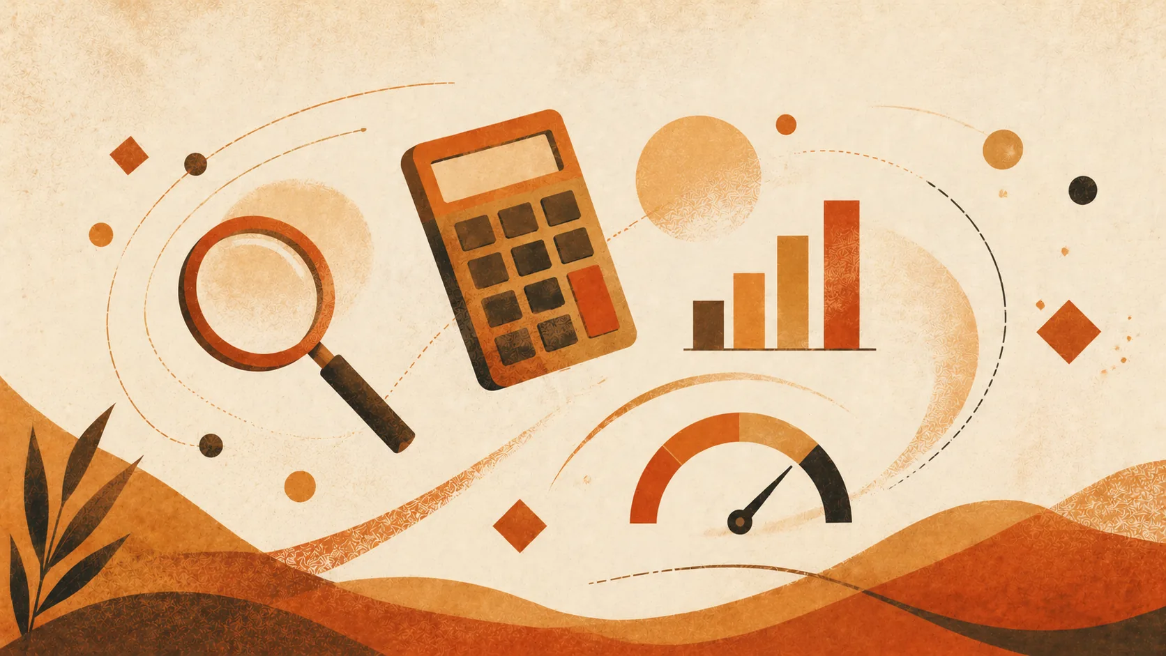 Ilustração editorial — calculadora, lupa, gráfico de barras e mostrador de velocímetro flutuando em fundo cremoso, representando ferramentas matemáticas para apostadores