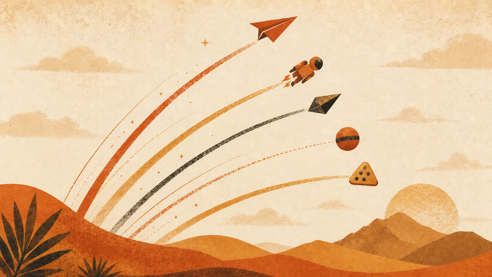 Ilustração editorial — cinco objectos a subir em diagonal como cometas (avião de papel, foguete, diamante, esfera, triângulo) sobre paisagem africana, representando os diferentes jogos crash Aviator, Lucky Jet, JetX, Spaceman e Plinko
