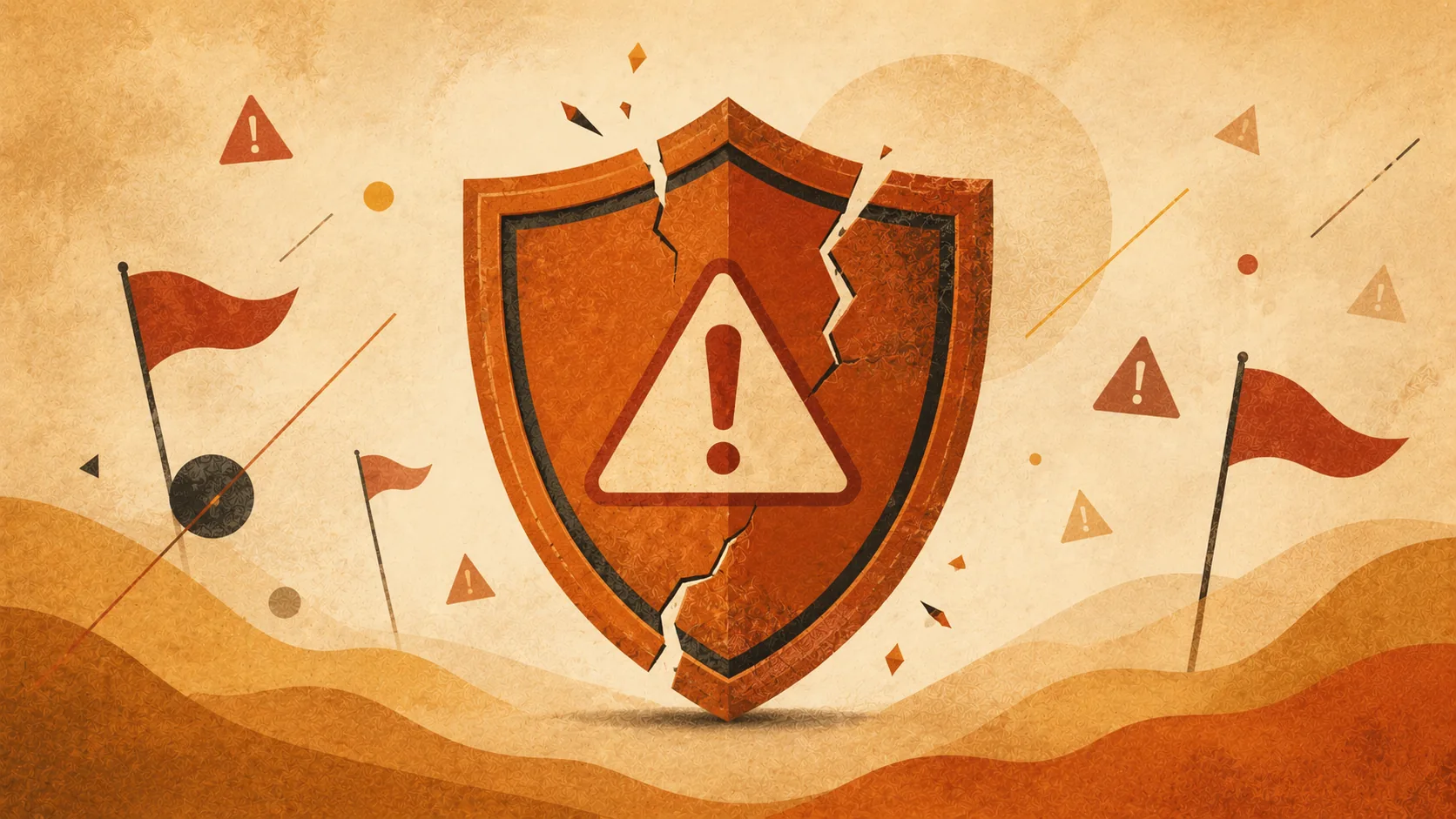 Ilustração editorial — escudo terracotta partido com triângulo de aviso no centro, rodeado por pequenas bandeiras vermelhas e formas geométricas de alerta, representando exposição a fraudes de 'previsores Aviator'