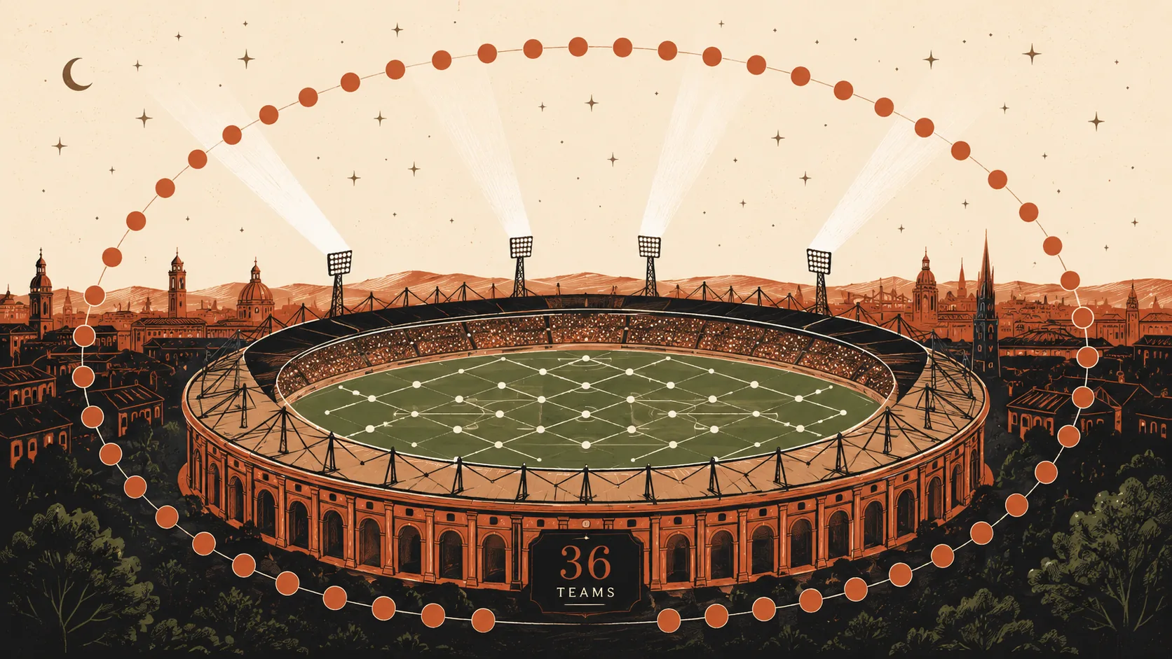 Ilustração editorial — estádio europeu de noite com refletores criando feixes decorativos e padrão de campo de futebol abstracto, representando o novo formato de fase de liga única da UEFA Champions League