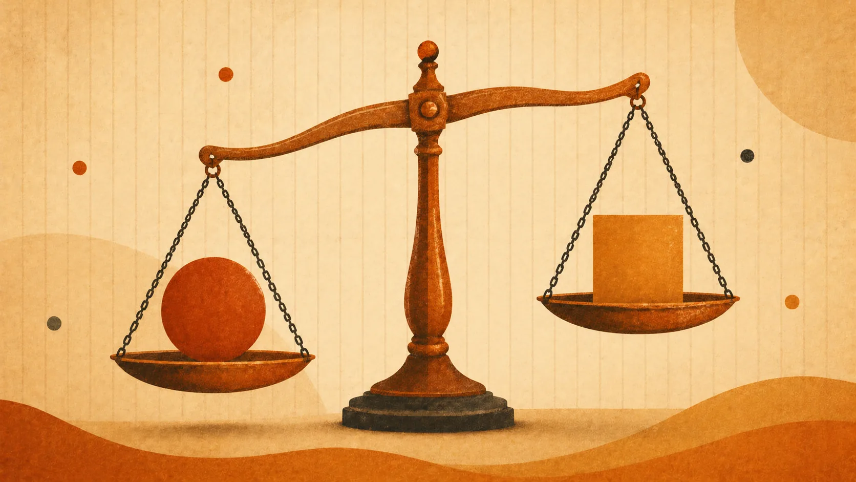 Ilustração editorial — balança antiga em madeira com esfera terracotta de um lado e cubo dourado do outro, ligeiramente inclinada, representando avaliação imparcial entre dois operadores de apostas