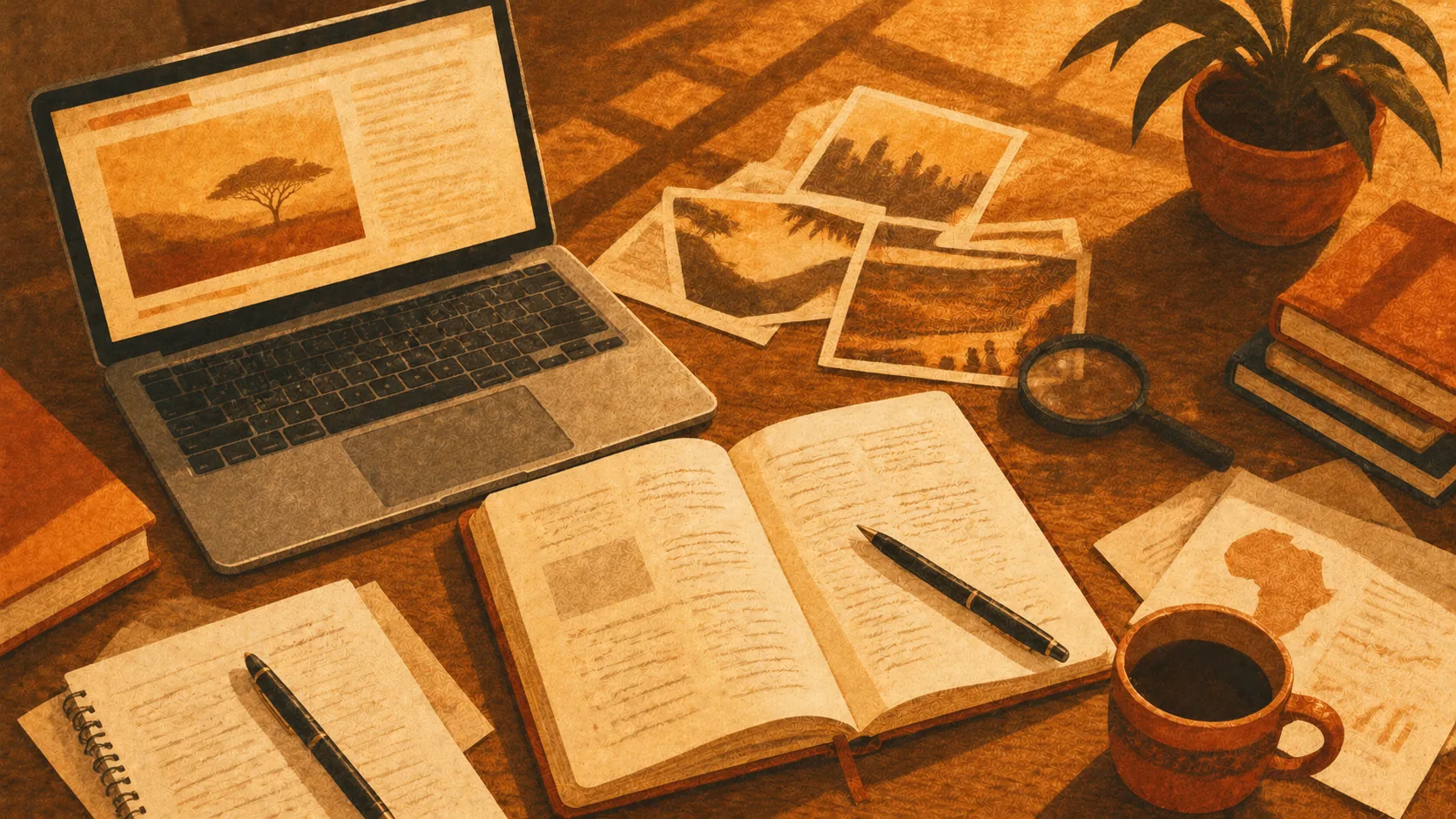 Ilustração editorial — secretária organizada de jornalista com portátil, notas, café e lupa, simbolizando o protocolo rigoroso de avaliação de operadores de apostas