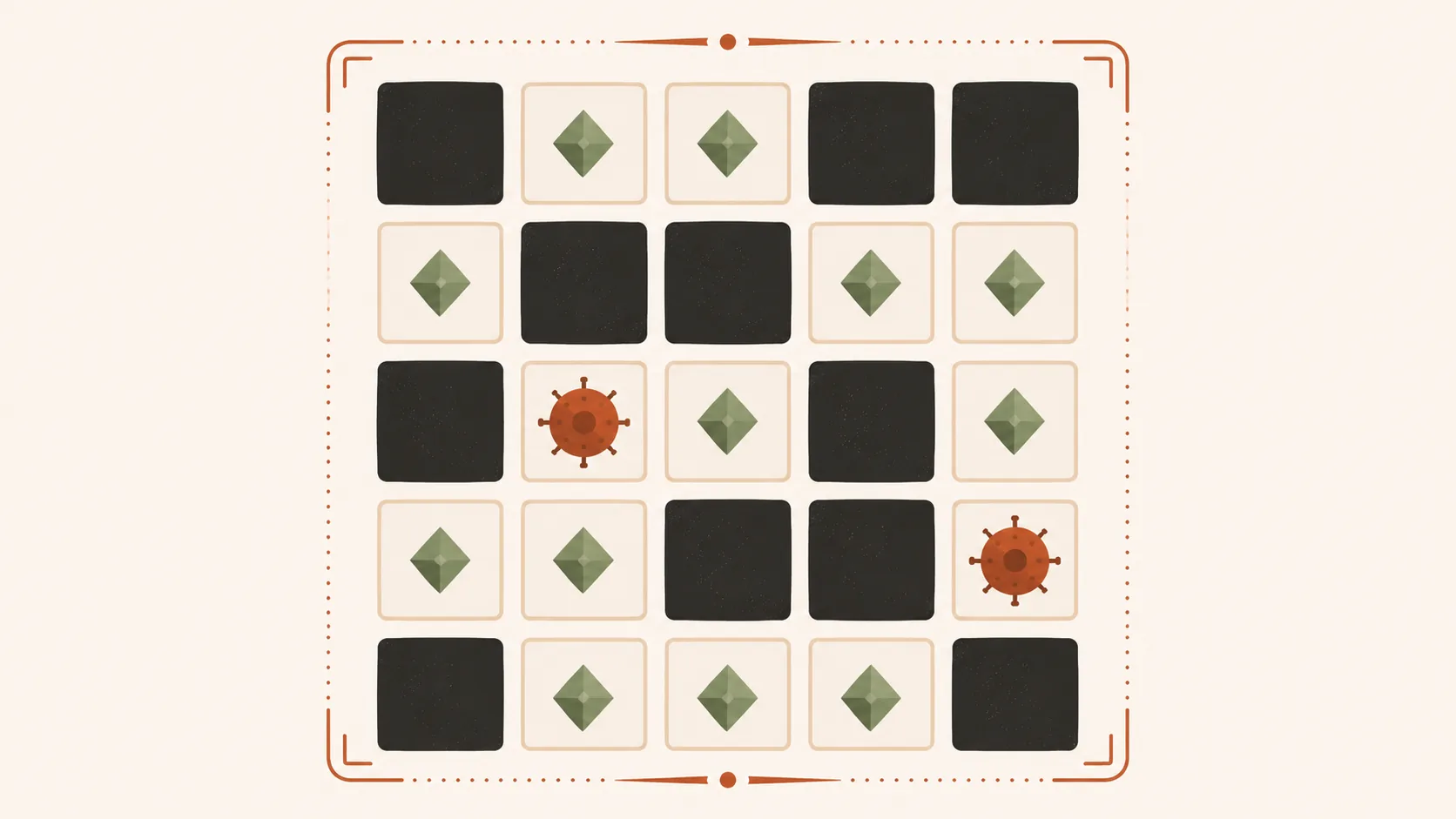 Ilustração editorial — tabuleiro 5x5 com algumas casas abertas mostrando gemas verde sage e duas casas com silhuetas de mina, representando o jogo Mines da Spribe