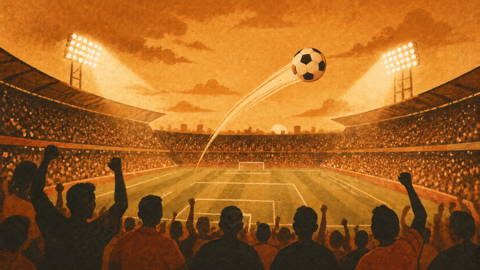 Ilustração editorial — vista interior de estádio de futebol ao entardecer com holofotes acesos, silhuetas de adeptos com braços no ar e bola em movimento, representando a atmosfera da Girabola angolana