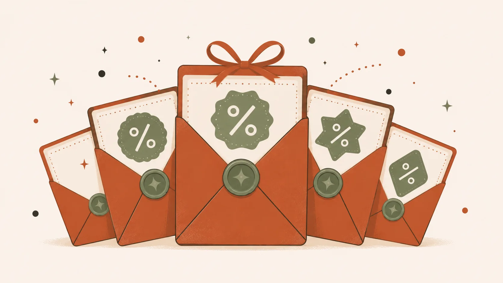 Ilustração editorial — vários envelopes terracotta dispostos em leque com selos de cera verde sage e confetti decorativo, representando múltiplas ofertas de bónus de boas-vindas